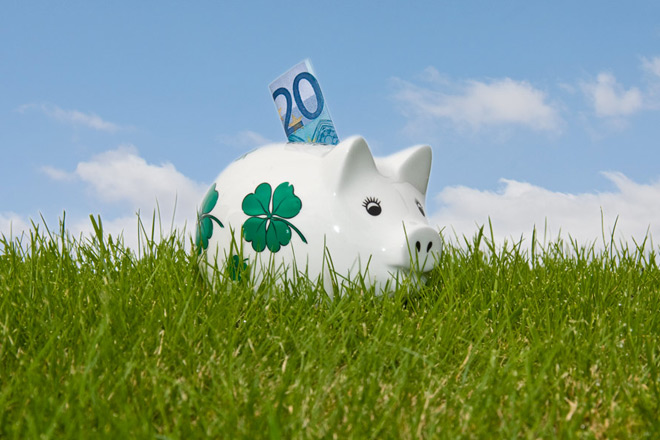 Weißes Sparschwein auf der grünen Wiese unter blauem Himmel mit 20 Euro im Geldschlitz